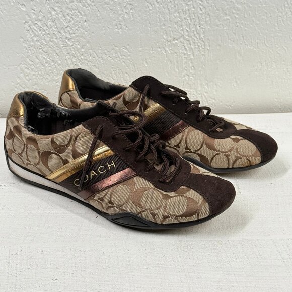 Coach Jayme Signature Logo Sneakers Brown Metallic Gold Bronze Canvas Size 10 - Picture 1 of 15